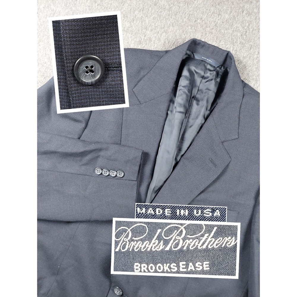Brooks Brothers Brooksease Blazer Mens 40R Navy Blue Check 100% Wool Suit Jacket